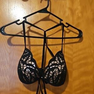 Shade & Shore Black Lace Strappy Push-Up Bikini Top